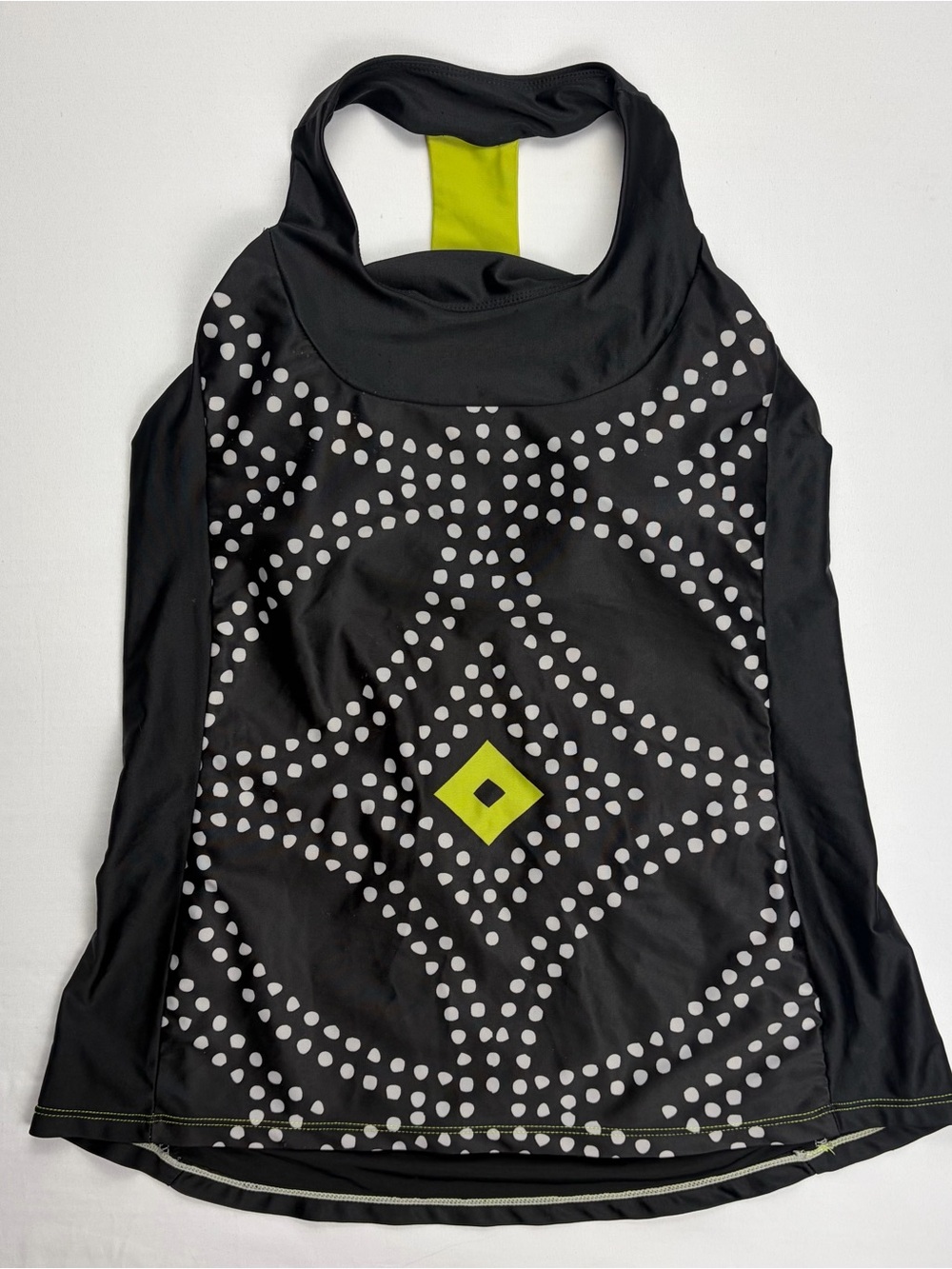 Women's Black Tank Top with Lime Accent and Geometric Dot Print